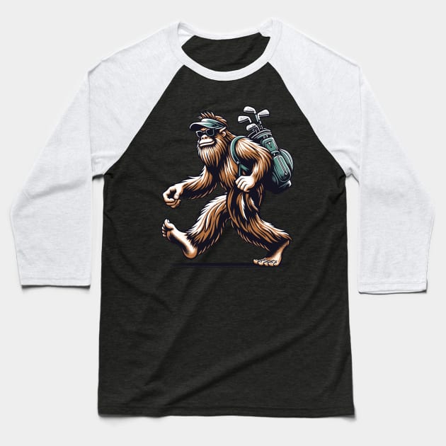 Funny Golf Novelty Sasquatch Bigfoot Golfing Baseball T-Shirt by KsuAnn